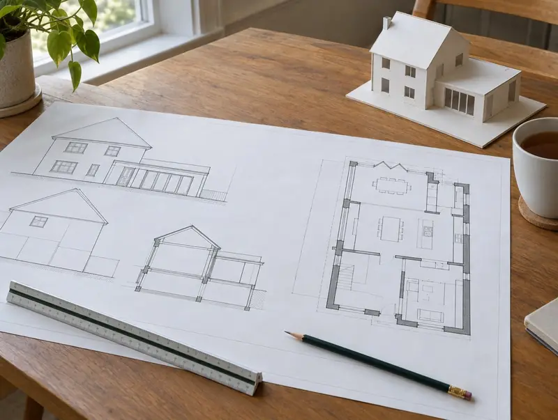 Extension drawings and a floor plan on a desk with a scale ruler and a white model house