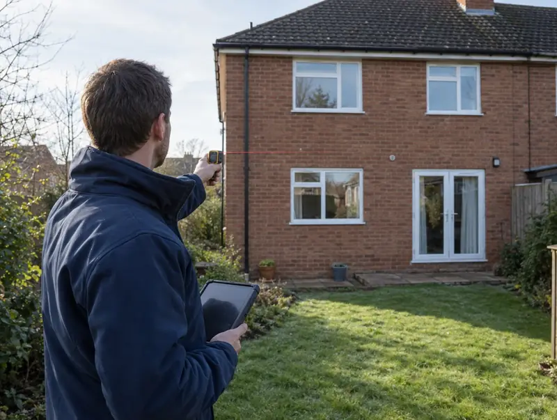 Surveyor measuring the rear of a brick semi-detached house with a laser measure