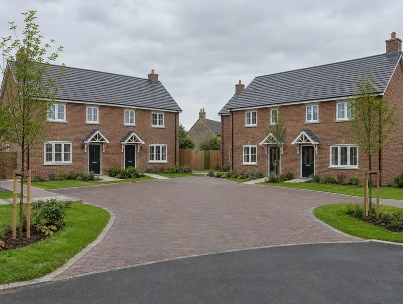 Small development of brick semi-detached houses around a block-paved cul-de-sac